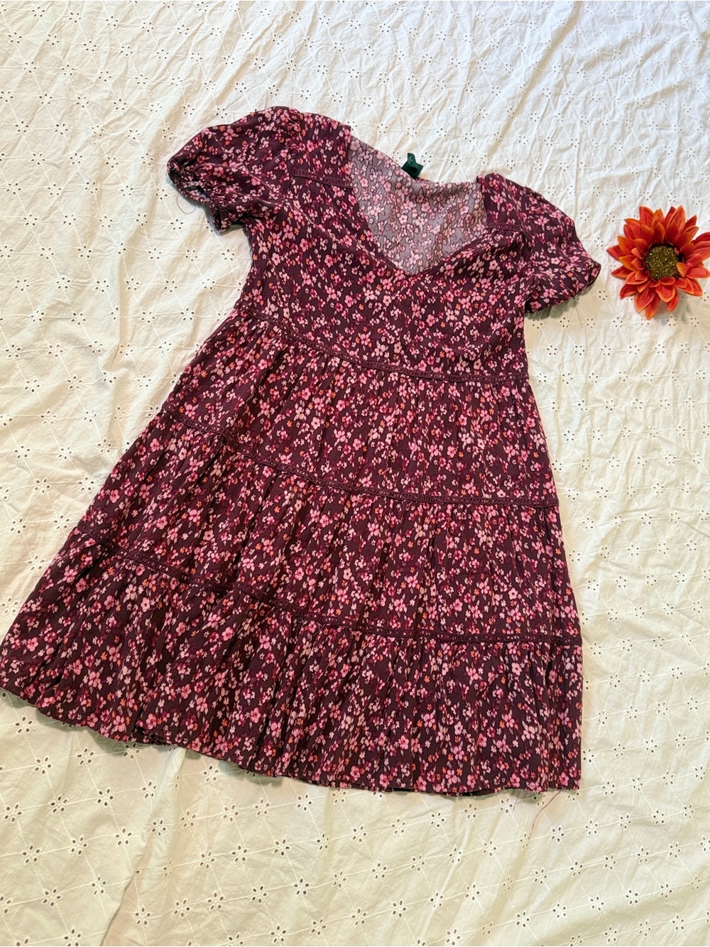 wild fable Burgundy Floral Tiered Mini Dress